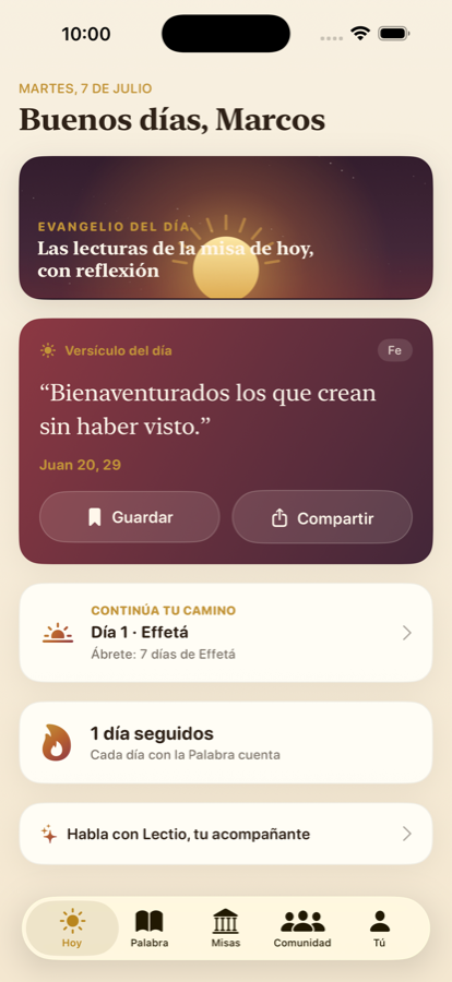 Pantalla Hoy de la app Jóvenes Católicos, con el evangelio del día, el versículo del día y la racha de oración