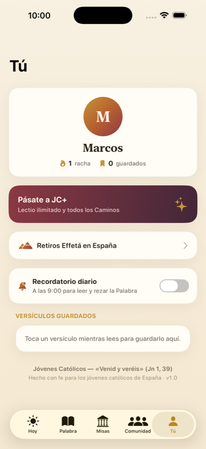 Pestaña Tú: perfil, racha y versículos guardados